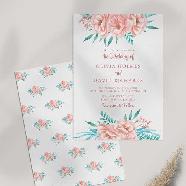 Boho Peach e Tosca Convite Floral para Casamento (Boho Peach and Tosca Floral Wedding Invitation on white table.)