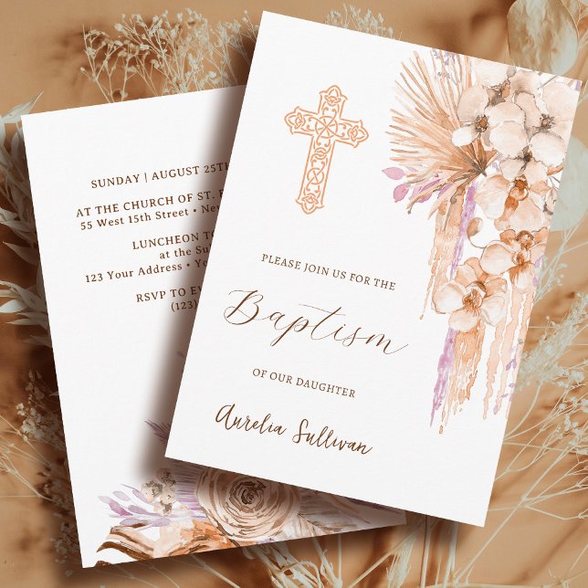 Boho Peach Lilac Baptism Convite (Criador carregado)
