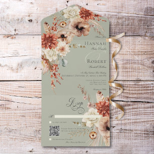 Boho Peach & Rust Floral & Feather Green Código QR