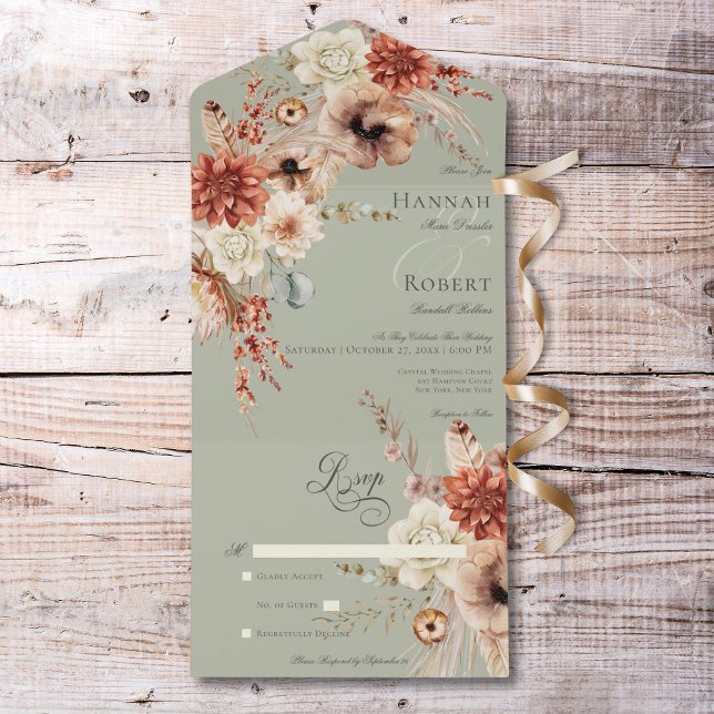 Boho Peach & Rust Floral & Feather Green Sem Janto (Boho Peach & Rust Floral & Feather Green No Dinner All In One Invitation)
