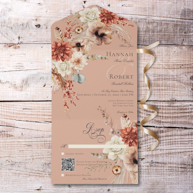 Boho Peach & Rust Floral & Feather Peach Código QR (Boho Peach & Rust Floral & Feather Peach QR Code All In One Invitation)