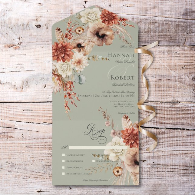 Boho Peach & Rust Janto Floral & Feather Green (Boho Peach & Rust Floral & Feather Green Dinner All In One Invitation)