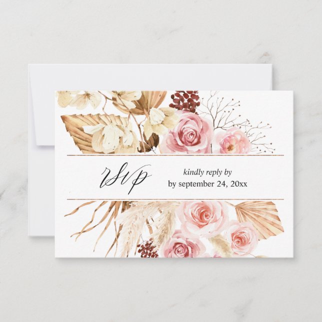 Boho Pink & Beige Floral Pampas com RSVP de Refeiç (Frente)