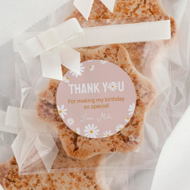 Boho Pink Daisy Birthday Etiqueta de Aniversário (Criador carregado)