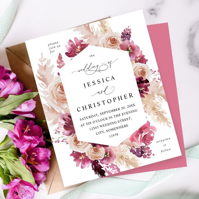 Boho Pink Pampas Grass Floral Casamento Rosa (Criador carregado)