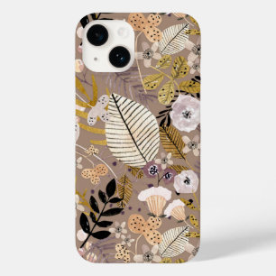 Boho Preto Branco Dourado Pêssego Folha Floral Des