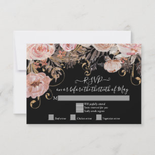 Boho Preto Floral Rosa Dourado Rosa RSVP Personali