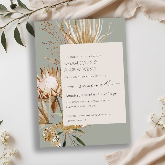 Boho Protea Seca Palm Floral Vow Renovação Convite (Criador carregado)