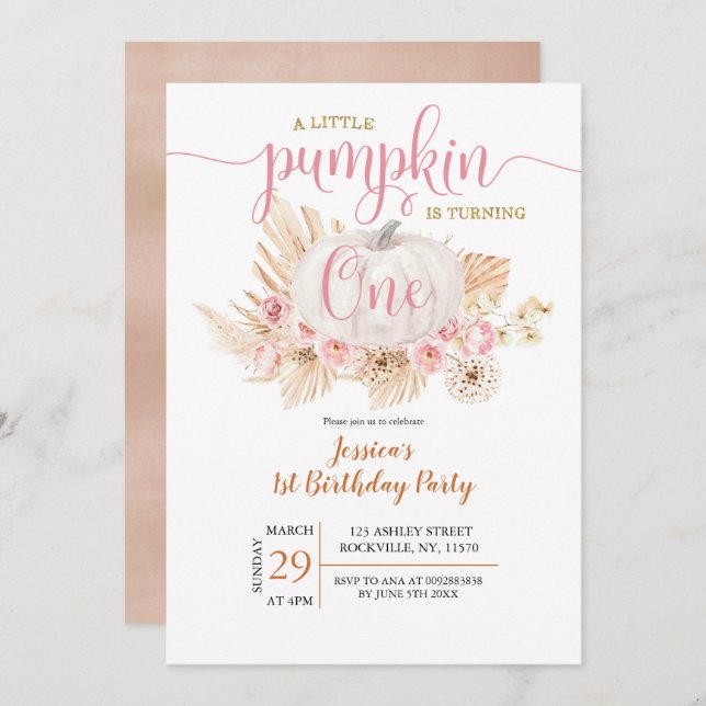 Boho Pumpkin Primeiro Convite de Aniversário (Frente/Verso)