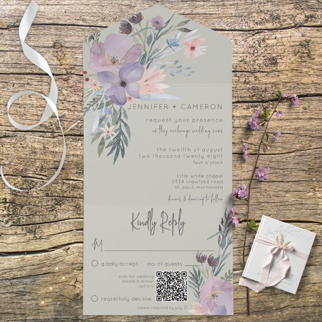 Boho Puro Rosa e Azul Sage Floral Verde Código QR  (Criador carregado)