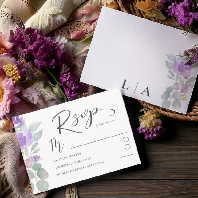 Boho Purple Floral Eucalyptus Weding RSVP (Criador carregado)