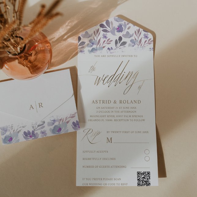Boho Purple Floral Faux Dourado Casamento de Scrip (Criador carregado)