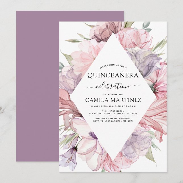Boho Purple Quinceañera Dusty Rosa Convite Floral (Frente/Verso)