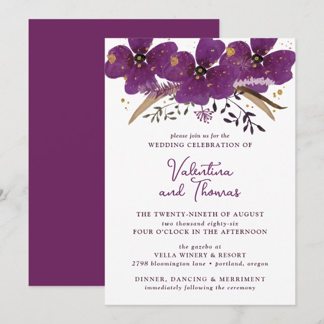 Boho Purple Watercolor Flowers Convite De Casament (Frente/Verso)