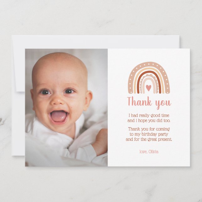 Boho Rainbow Aniversário Foto de Obrigado Convite (Frente)