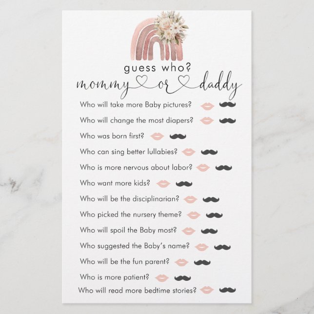 Boho Rainbow Deseja O Jogo Do Bebê "Adivinha Quem" (Frente)