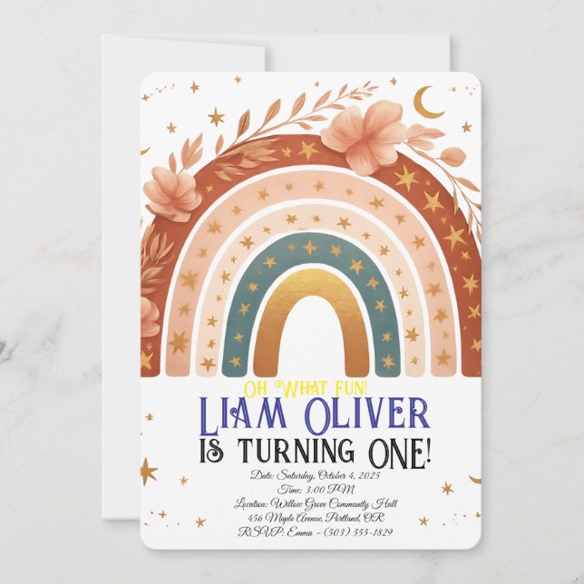 Boho Rainbow Primeiro Convite de Aniversário (Frente)