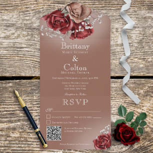 Boho Red Brown Rosa Código QR Tudo em Um Convite