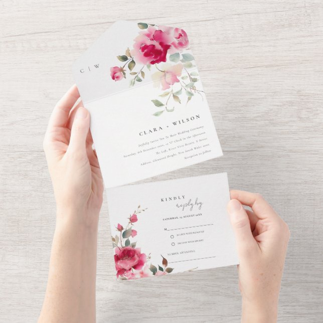 Boho Red Pink Rose Flowers Watercolor Casamento (Tearaway)