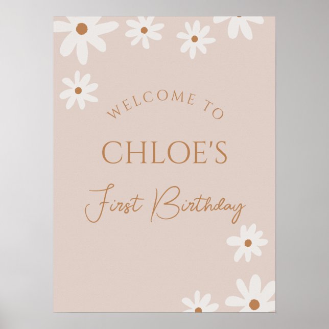 Boho Retro Brown Daisy Birthday Poster de Boho (Frente)