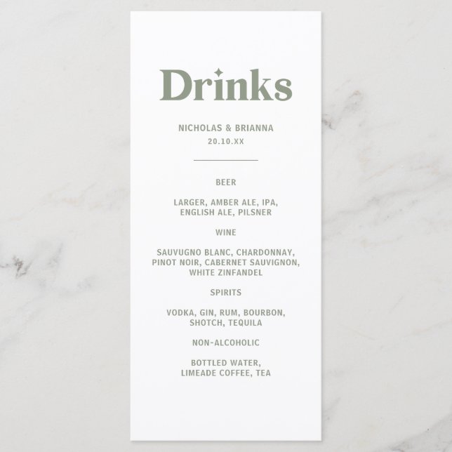 Boho Retro Sage Green Wedding Drinks Menu (Frente)