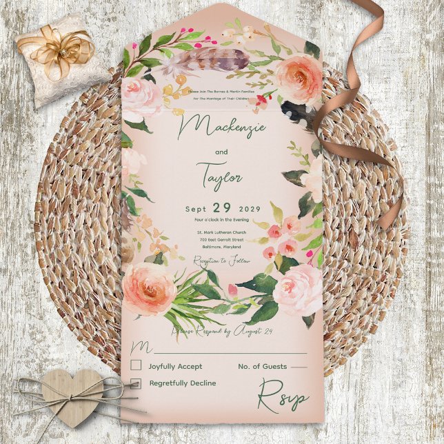 Boho Rosa Floral Coroa & Penas Sem Jantar (Criador carregado)