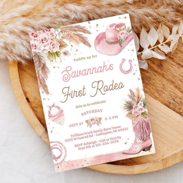 Boho Rosa Primeiro Convite para primeiro aniversar (Pink Boho First Rodeo 1st Birthday Invitation)