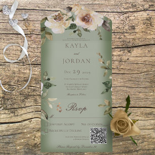 Boho Rosas de Creme Verde Salvia Código QR