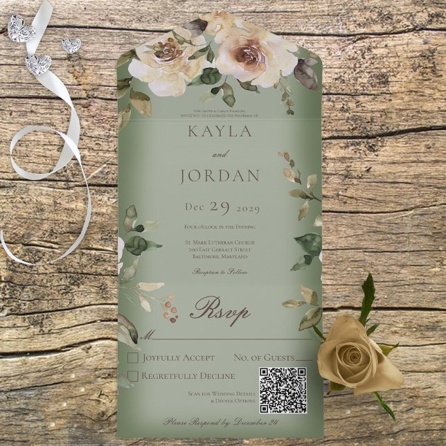 Boho Rosas de Creme Verde Salvia Código QR (Criador carregado)