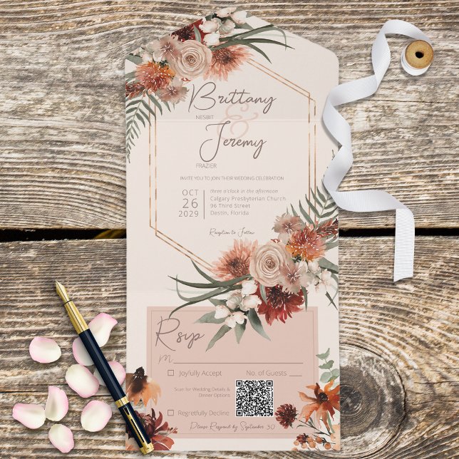 Boho Rust & Neutral Fall Floral Cream Código QR (Criador carregado)