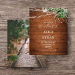 Boho Rustic Greenery Budget Wedding Flyer<br><div class="desc">O convite para o casamento Boho mostra água verde e luzes de cordas na madeira rústica.</div>