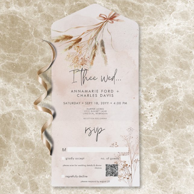 Boho Rustic Pampas e Buquê de Grama Seco Código QR (Boho Rustic Pampas & Dried Grass Bouquet QR Code All In One Invitation)