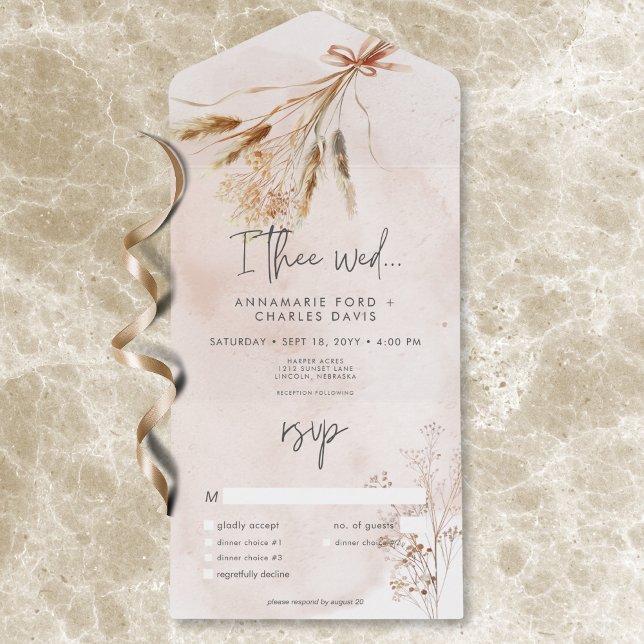 Boho Rustic Pampas e Janto de Buquê de Grama Seco (Boho Rustic Pampas & Dried Grass Bouquet Dinner All In One Invitation)
