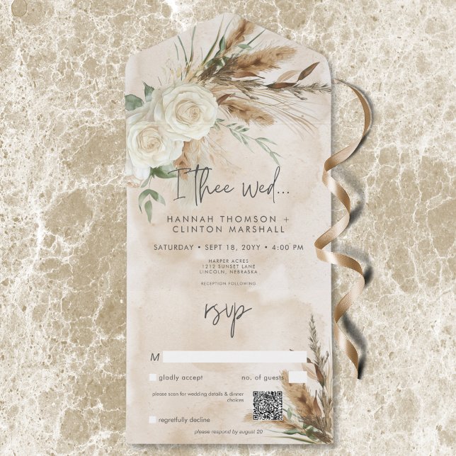 Boho Rustic White Roses & Pampas Casamento Código  (Boho Rustic White Roses & Pampas Wedding QR Code All In One Invitation)