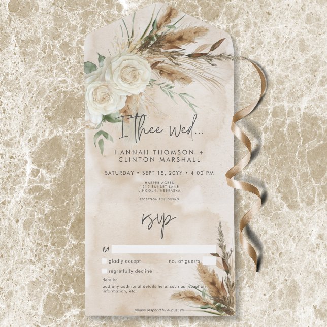 Boho Rustic White Roses & Pampas Casamento Sem Jan (Boho Rustic White Roses & Pampas Wedding No Dinner All In One Invitation)