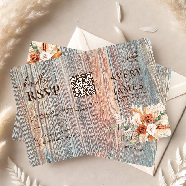 Boho Rustic Wood Grain QR Code RSVP Card (Criador carregado)