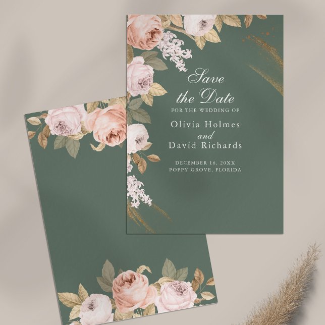 Boho Sage Green Peonies Salve o Cartão de Data (Boho Sage Green Peonies Save the Date Card on table)