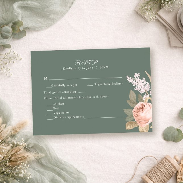Boho Sage Green Peonies Wedding RSVP Card (Boho Sage Green Peonies Wedding RSVP Card on a boho table with sage green decor and dry flowers)