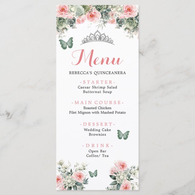 Boho Sage Green Pink Roses Princesa XV Años Menu (Frente)
