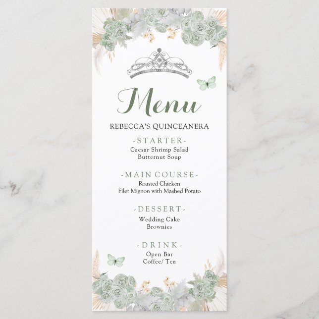 Boho Sage Green Rosas Royal Quinceañera Menu (Frente)