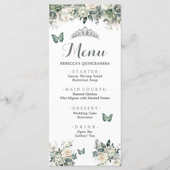 Boho Sage Green Royal Rosas Princesa XV Años Menu (Frente)