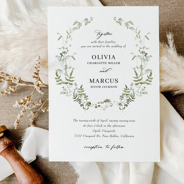 Boho Sage Greenery Convite Para Casamento Botânico (Foliage Wreath Invitation Set)