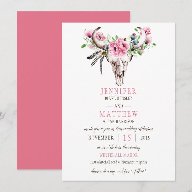 Boho Skull Pink Poppies Convite De Casamento (Frente/Verso)