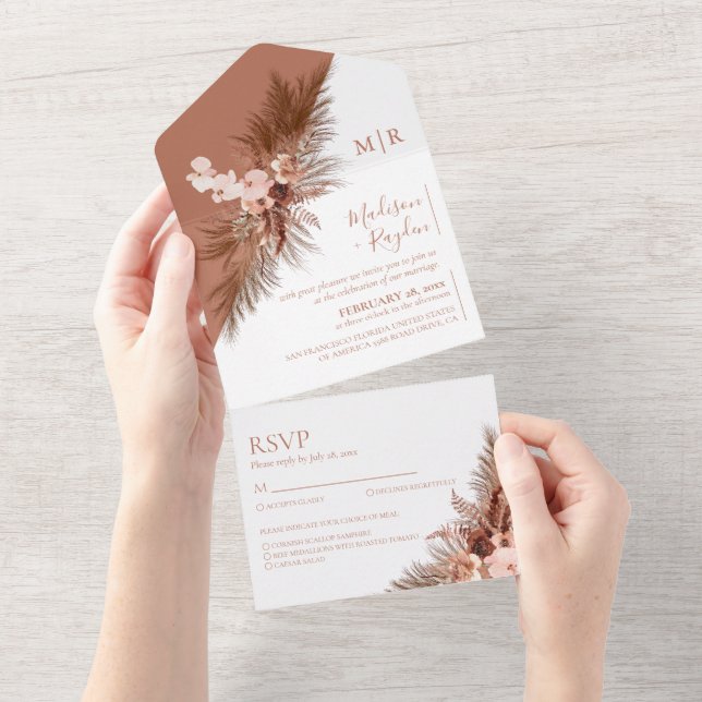 Boho Slant Floral Pampas Grass Terracotta Casament (Aba destacável)