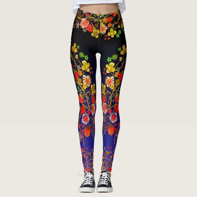 Boho Strawberry Floral Blue Ombre Leggings (Frente)