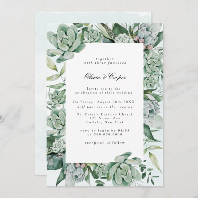 Boho Succulent Greenery Wedding Convite (Frente/Verso)