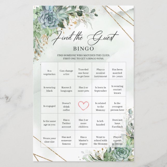 Boho suculenta eucalipto Encontrar o Bingo do Conv (Frente)