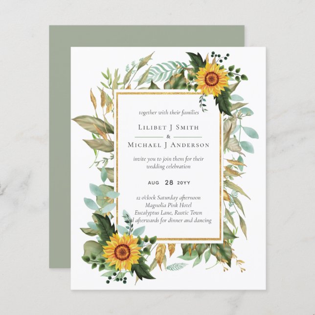 Boho Sunflower Sage Greenery Casamento (Frente/Verso)