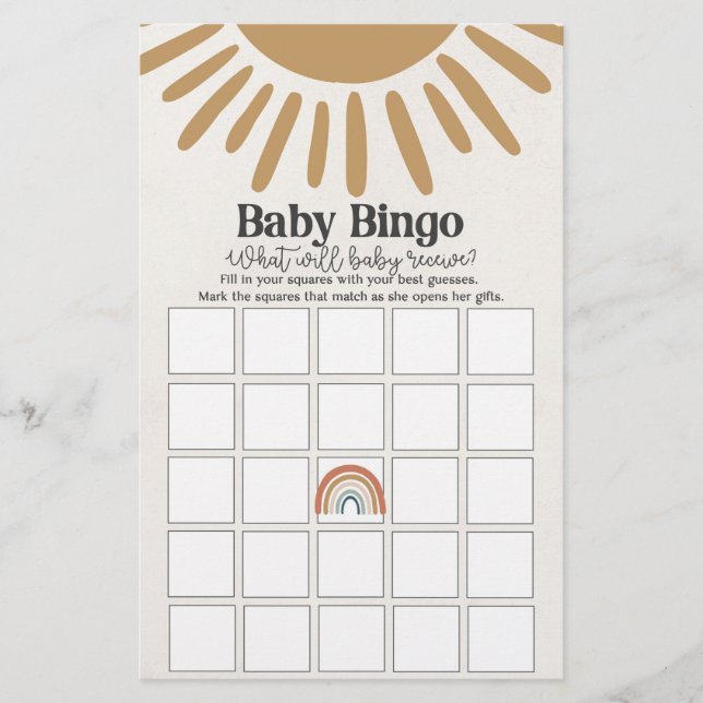 boho sunshine baby bingo, jogo de chá de fraldas (Frente)