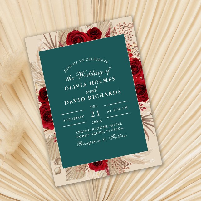 Boho Teal Burgundy Rosa Convite De Casamento (Teal Burgundy Roses Wedding Invitation on dry palm leaf.)